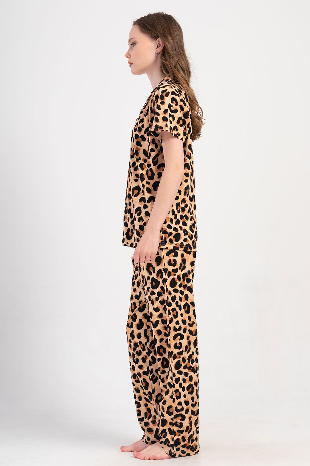 Pınarca Kadın Pijama Takım Büyük Beden Kısa Kollu Pamuklu Gömlek Yaka Leopar Desenli