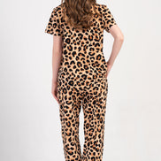 Pınarca Kadın Pijama Takım Büyük Beden Kısa Kollu Pamuklu Gömlek Yaka Leopar Desenli