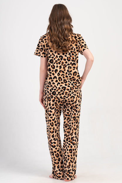 Pınarca Kadın Pijama Takım Büyük Beden Kısa Kollu Pamuklu Gömlek Yaka Leopar Desenli