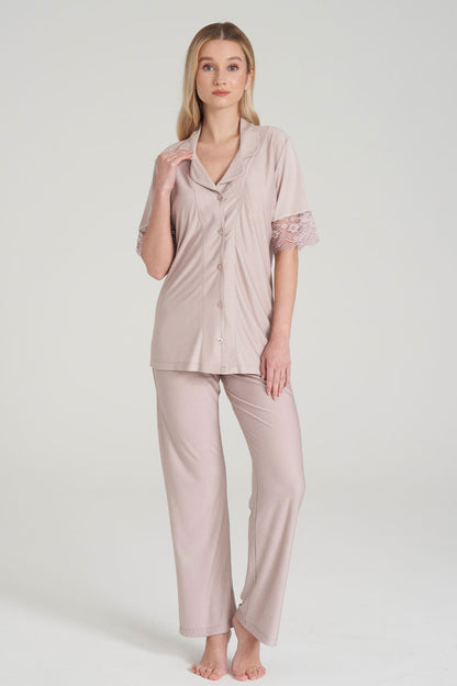 Pınarca Kadın Pijama Takım Düğmeli Kısa Kollu Gömlek Yaka