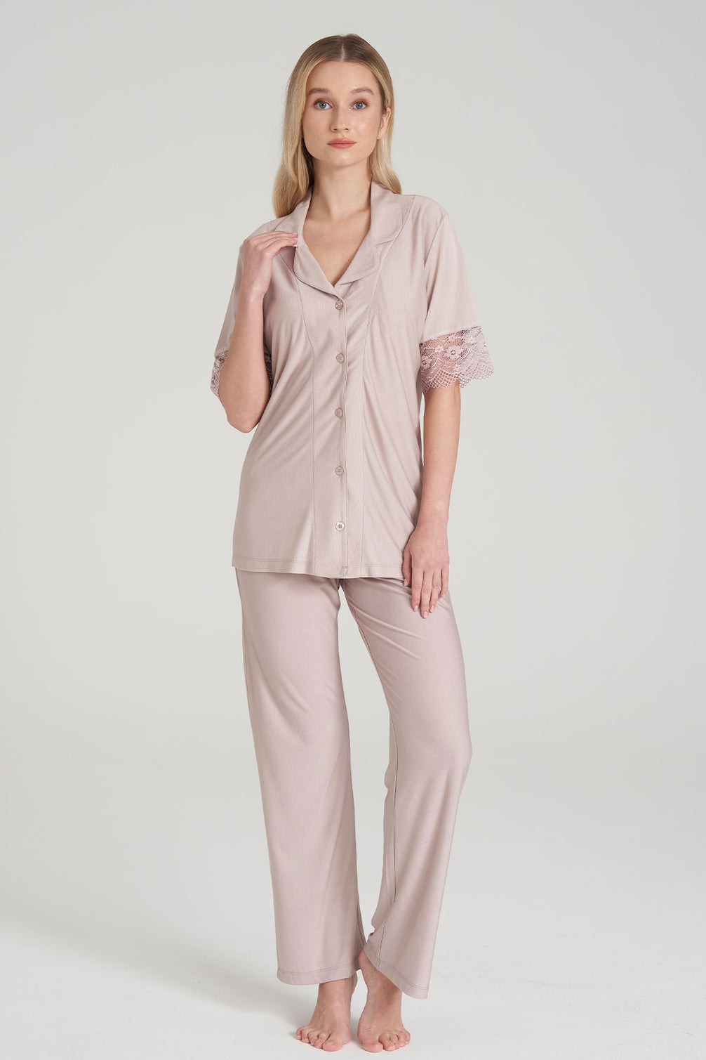 Pınarca Kadın Pijama Takım Düğmeli Kısa Kollu Gömlek Yaka