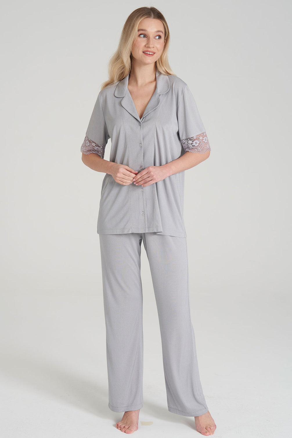 Pınarca Kadın Pijama Takım Düğmeli Kısa Kollu Gömlek Yaka