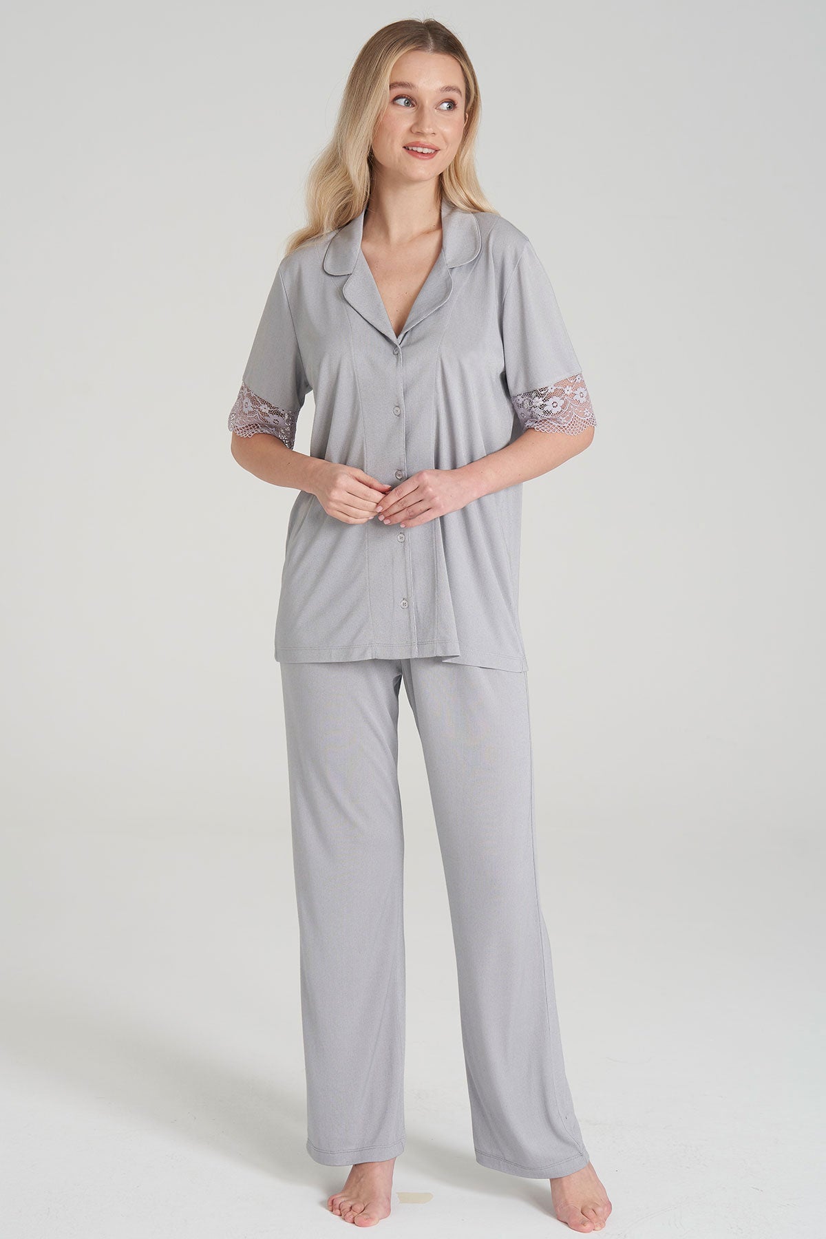Pınarca Kadın Pijama Takım Düğmeli Kısa Kollu Gömlek Yaka