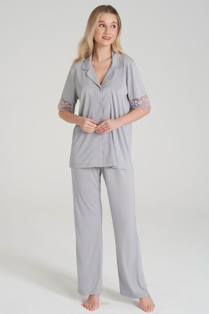 Pınarca Kadın Pijama Takım Düğmeli Kısa Kollu Gömlek Yaka