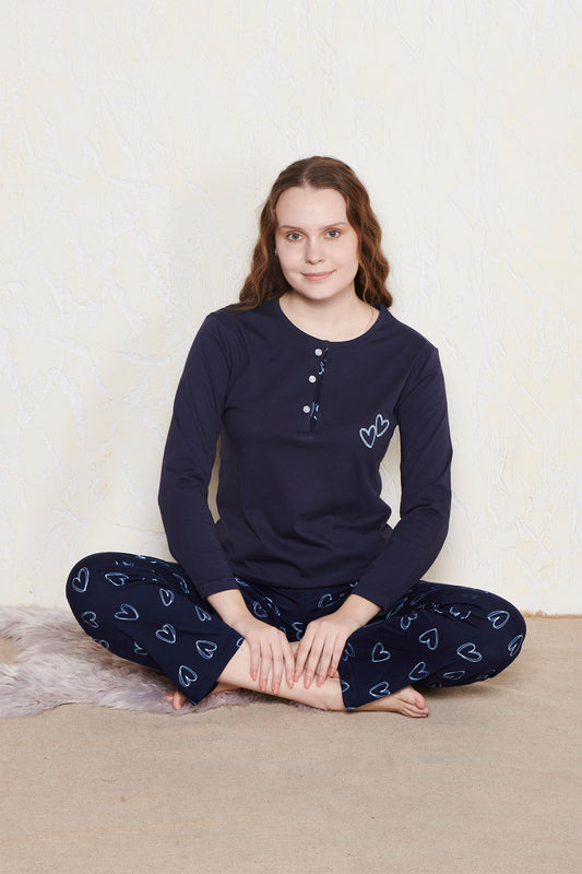 Pınarca Kadın Pijama Takım Uzun Kollu Kalp Desenli Alt Pamuklu