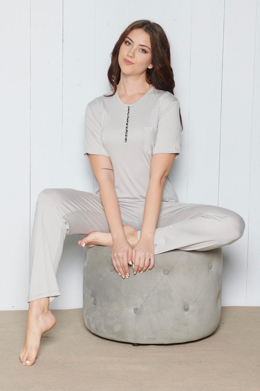 Pınarca Kadın Pijama Takımı 3 Düğmeli Düz Model Viskon Kumaş
