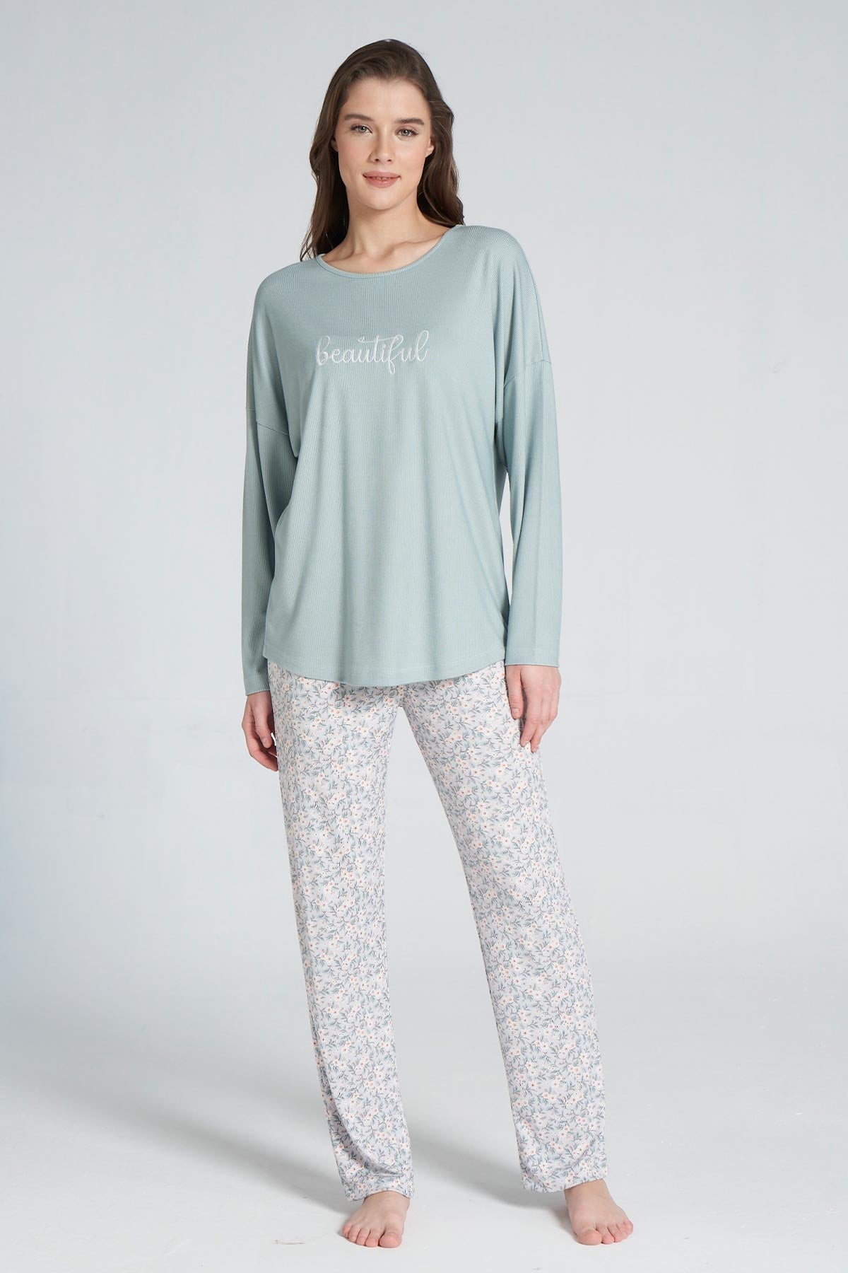 Pınarca Kadın Pijama Takımı Bisiklet Yaka Altı Çiçek Desenli