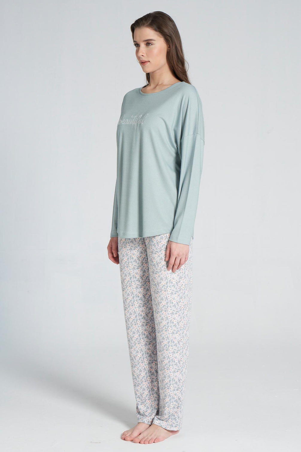 Pınarca Kadın Pijama Takımı Bisiklet Yaka Altı Çiçek Desenli