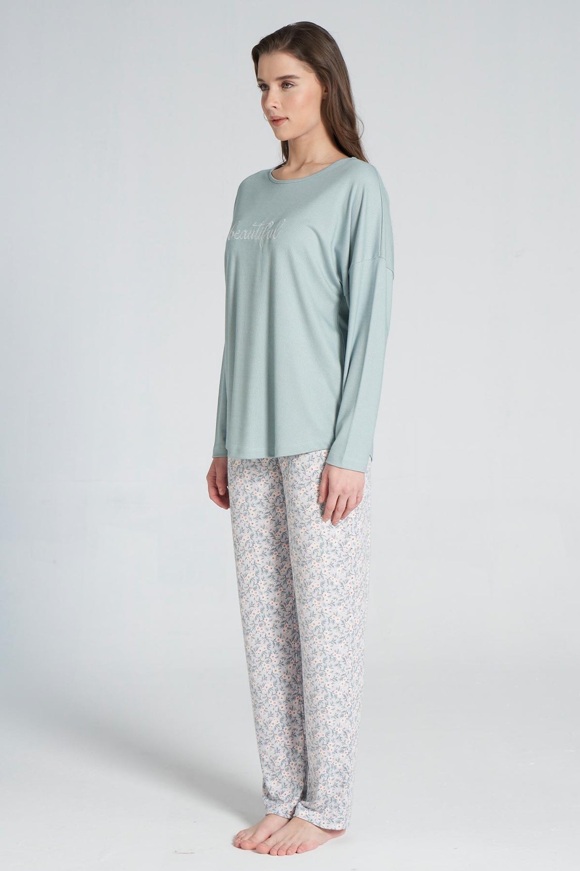 Pınarca Kadın Pijama Takımı Bisiklet Yaka Altı Çiçek Desenli