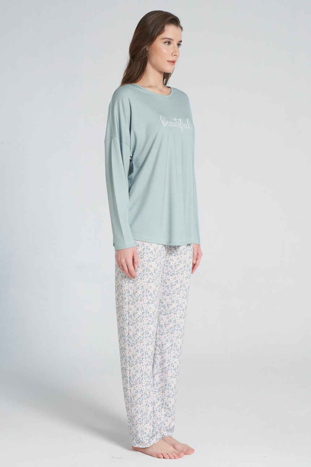 Pınarca Kadın Pijama Takımı Bisiklet Yaka Altı Çiçek Desenli