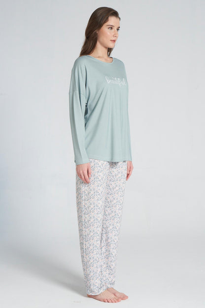 Pınarca Kadın Pijama Takımı Bisiklet Yaka Altı Çiçek Desenli