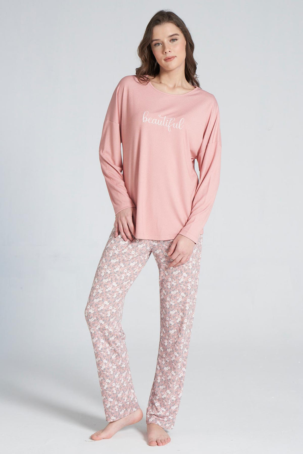Pınarca Kadın Pijama Takımı Bisiklet Yaka Altı Çiçek Desenli