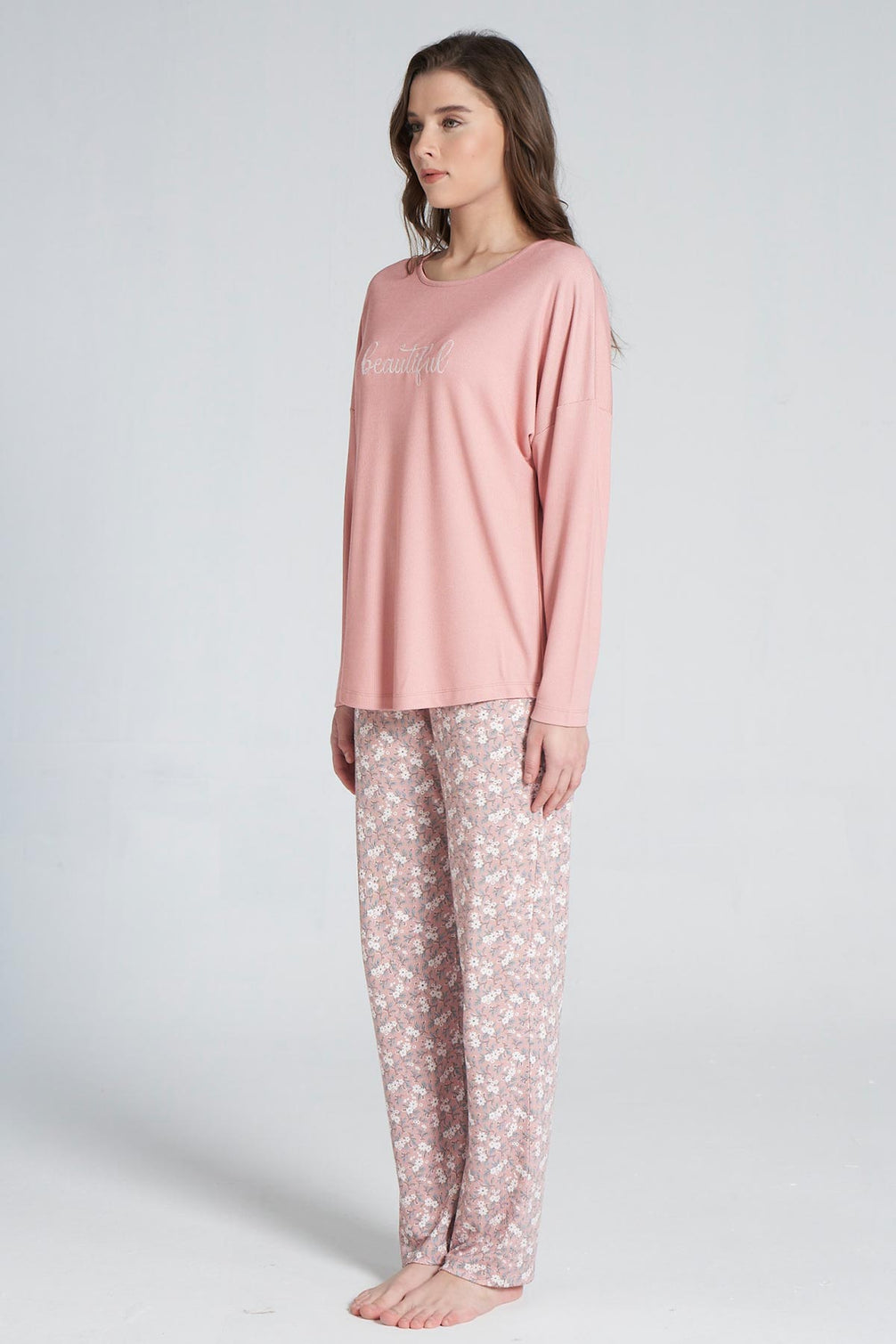 Pınarca Kadın Pijama Takımı Bisiklet Yaka Altı Çiçek Desenli