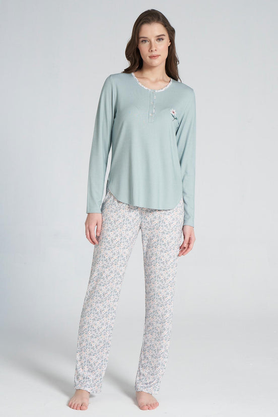 Pınarca Kadın Pijama Takımı Düğmeli Bisiklet Yaka Çiçek Desenli