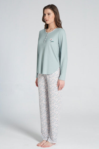 Pınarca Kadın Pijama Takımı Düğmeli Bisiklet Yaka Çiçek Desenli