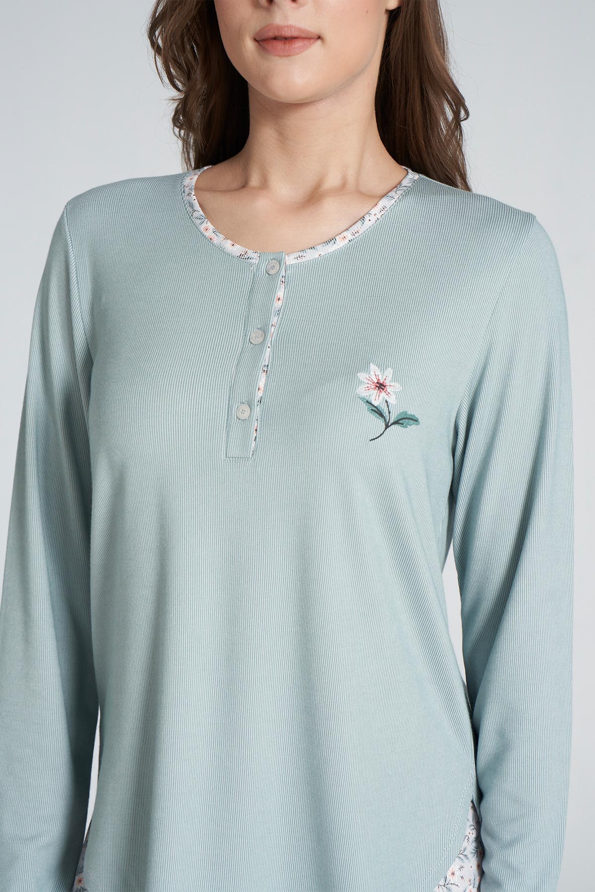 Pınarca Kadın Pijama Takımı Düğmeli Bisiklet Yaka Çiçek Desenli
