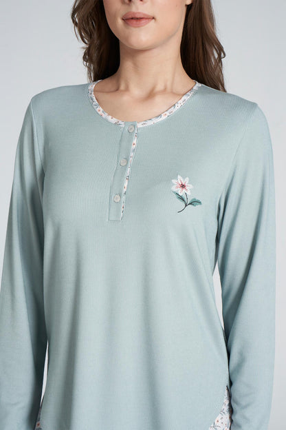 Pınarca Kadın Pijama Takımı Düğmeli Bisiklet Yaka Çiçek Desenli