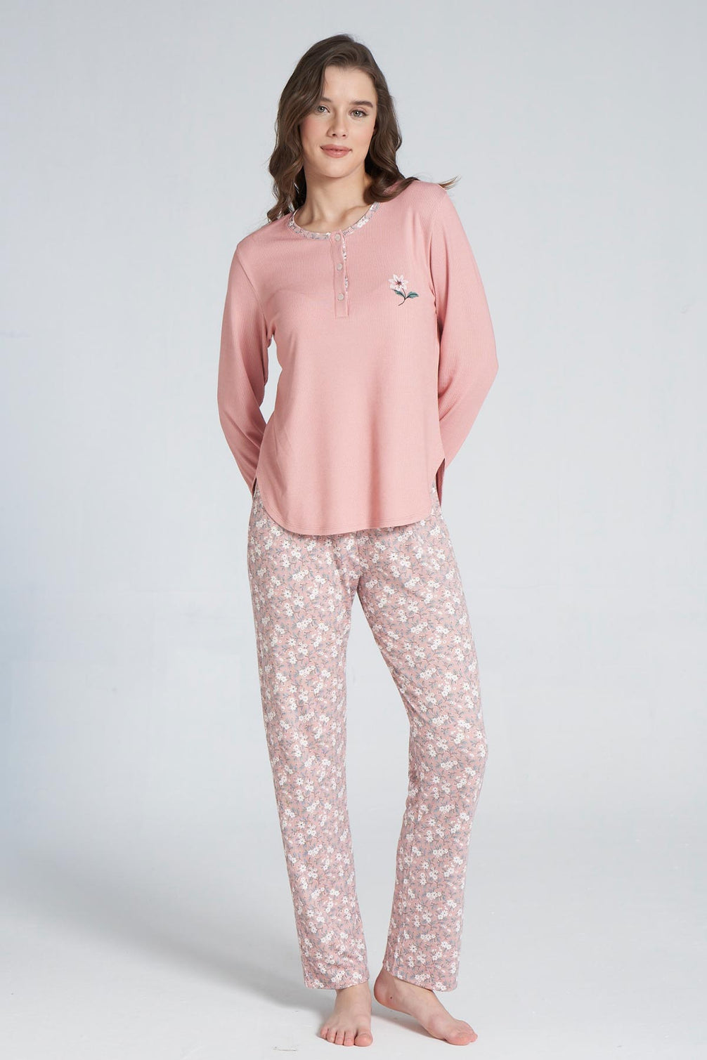 Pınarca Kadın Pijama Takımı Düğmeli Bisiklet Yaka Çiçek Desenli