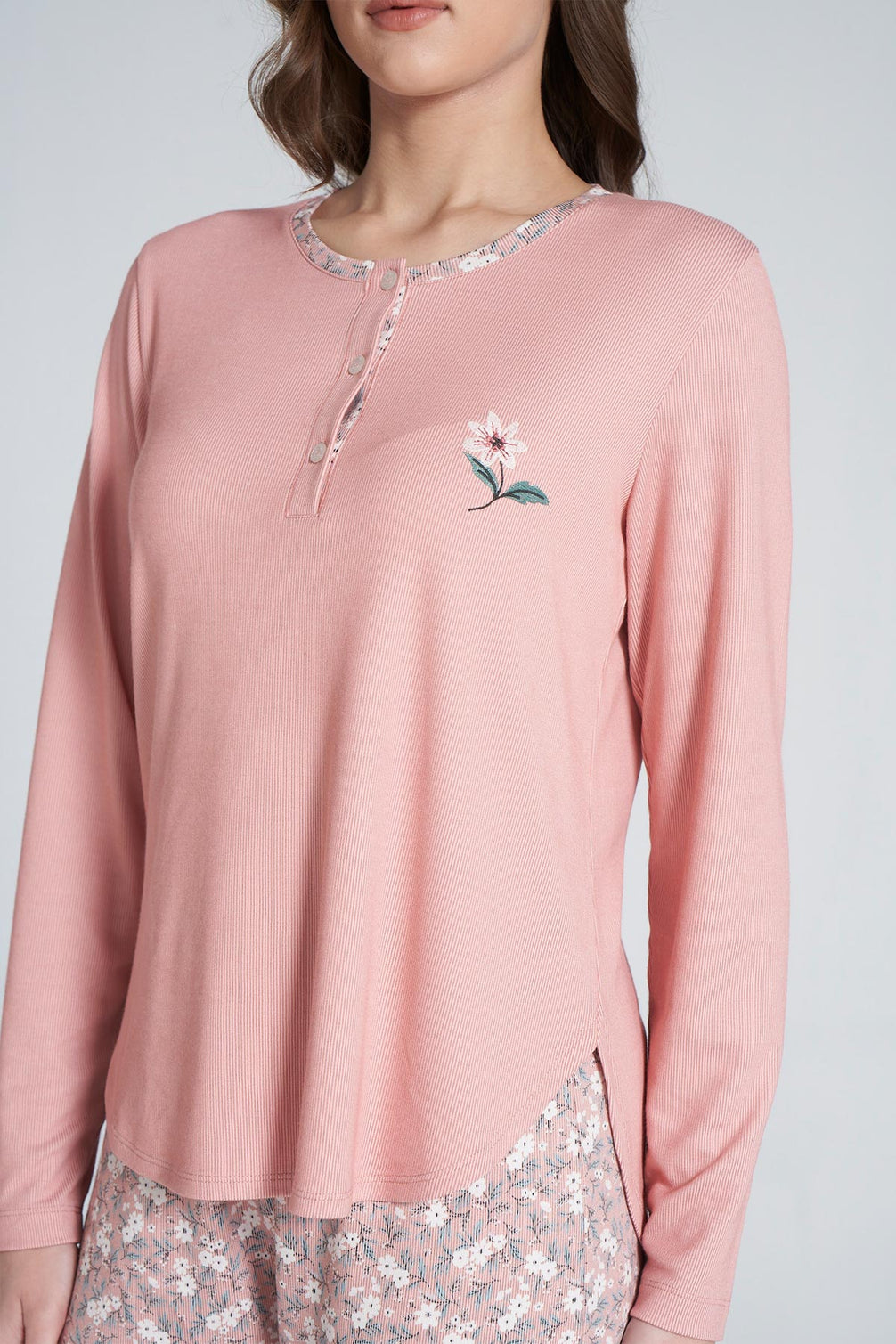 Pınarca Kadın Pijama Takımı Düğmeli Bisiklet Yaka Çiçek Desenli