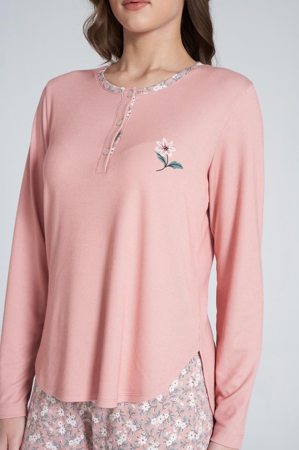 Pınarca Kadın Pijama Takımı Düğmeli Bisiklet Yaka Çiçek Desenli