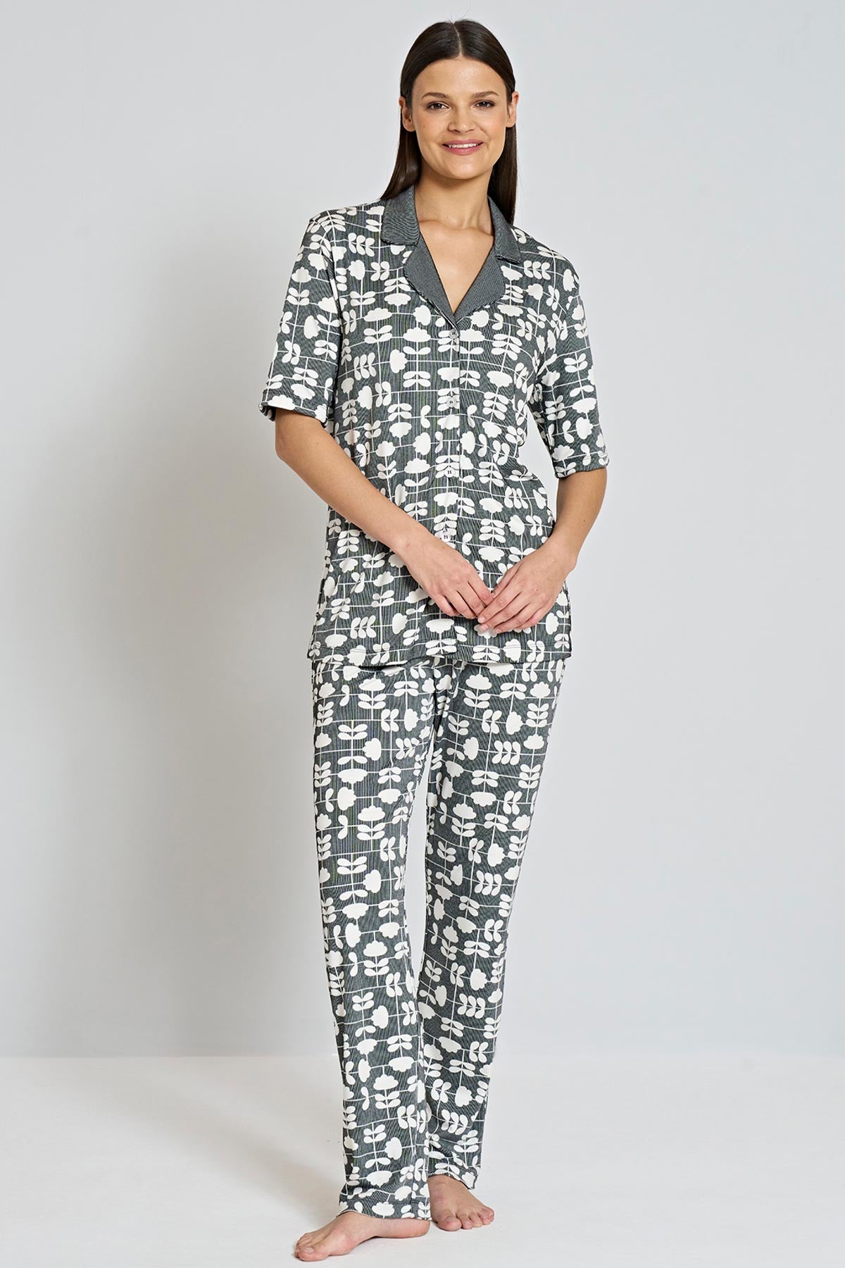 Pınarca Kadın Pijama Takımı Gömlek Yaka Kısa Kollu Desenli