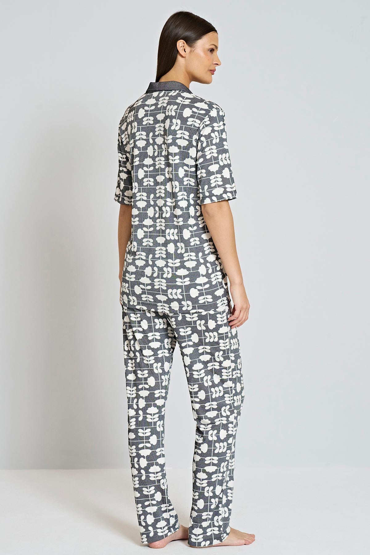 Pınarca Kadın Pijama Takımı Gömlek Yaka Kısa Kollu Desenli