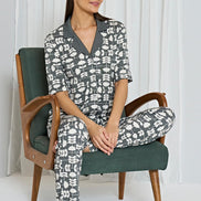 Pınarca Kadın Pijama Takımı Gömlek Yaka Kısa Kollu Desenli