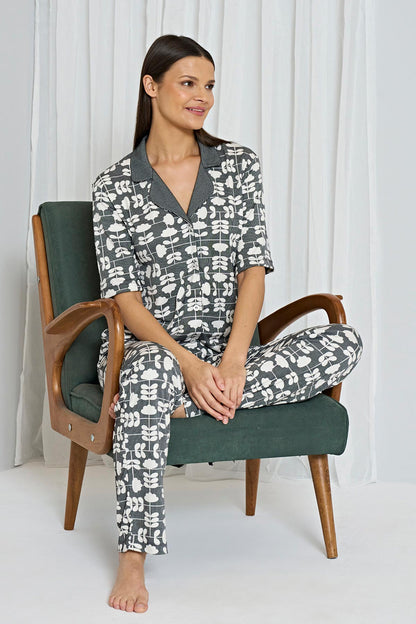 Pınarca Kadın Pijama Takımı Gömlek Yaka Kısa Kollu Desenli