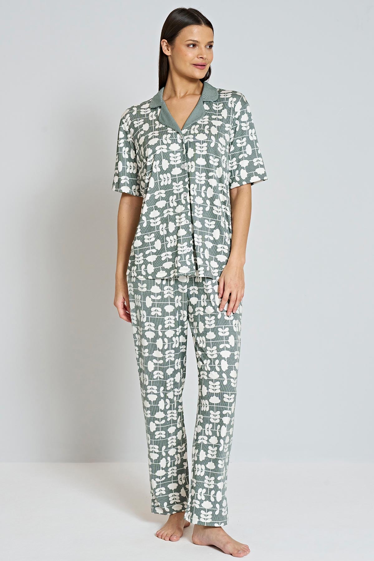 Pınarca Kadın Pijama Takımı Gömlek Yaka Kısa Kollu Desenli