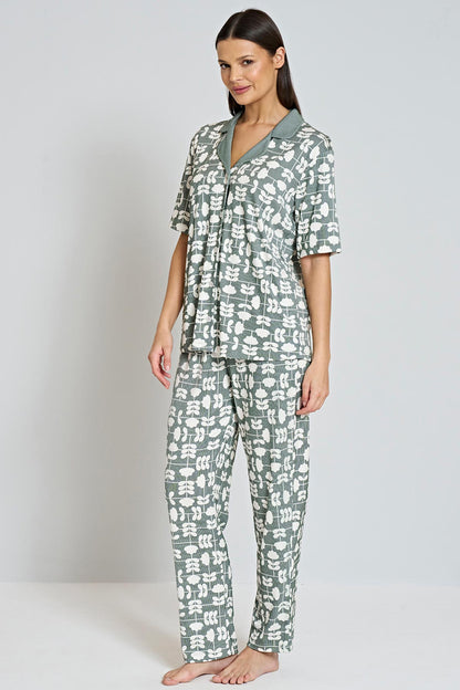 Pınarca Kadın Pijama Takımı Gömlek Yaka Kısa Kollu Desenli