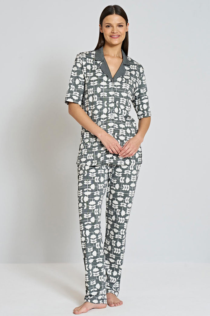 Pınarca Kadın Pijama Takımı Gömlek Yaka Kısa Kollu Desenli Büyük Beden