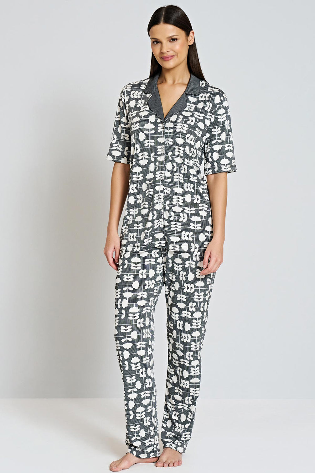Pınarca Kadın Pijama Takımı Gömlek Yaka Kısa Kollu Desenli Büyük Beden