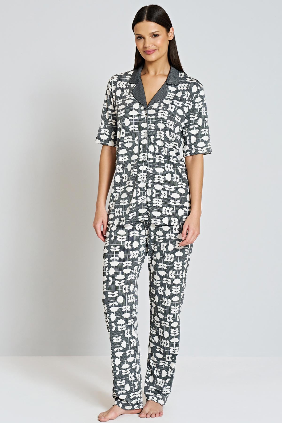 Pınarca Kadın Pijama Takımı Gömlek Yaka Kısa Kollu Desenli Büyük Beden