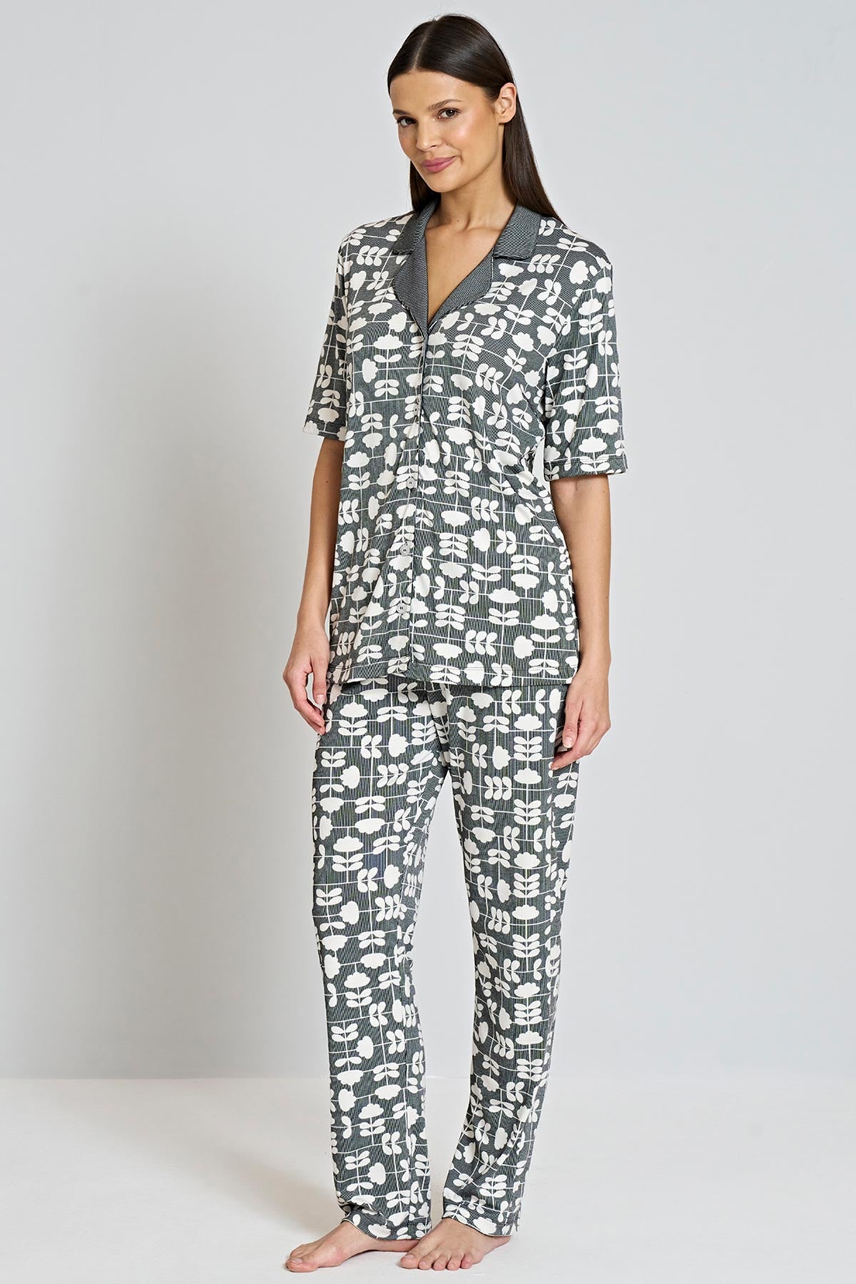 Pınarca Kadın Pijama Takımı Gömlek Yaka Kısa Kollu Desenli Büyük Beden