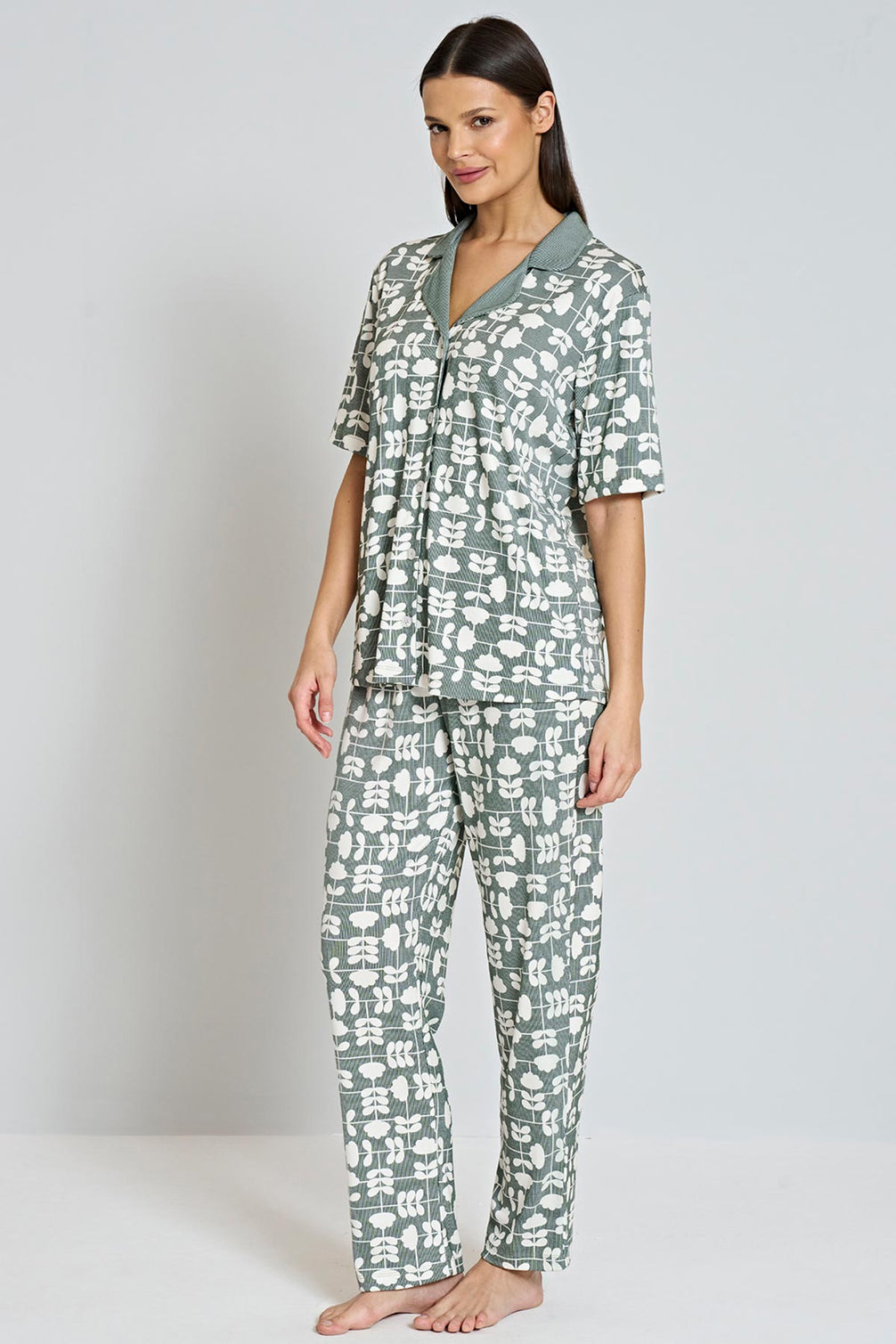 Pınarca Kadın Pijama Takımı Gömlek Yaka Kısa Kollu Desenli Büyük Beden