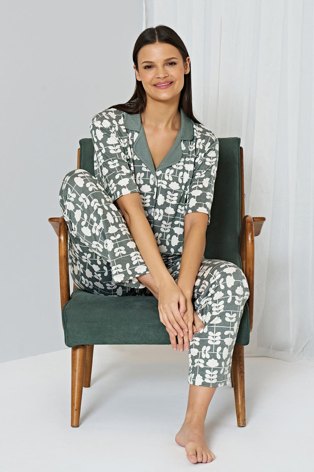 Pınarca Kadın Pijama Takımı Gömlek Yaka Kısa Kollu Desenli Büyük Beden