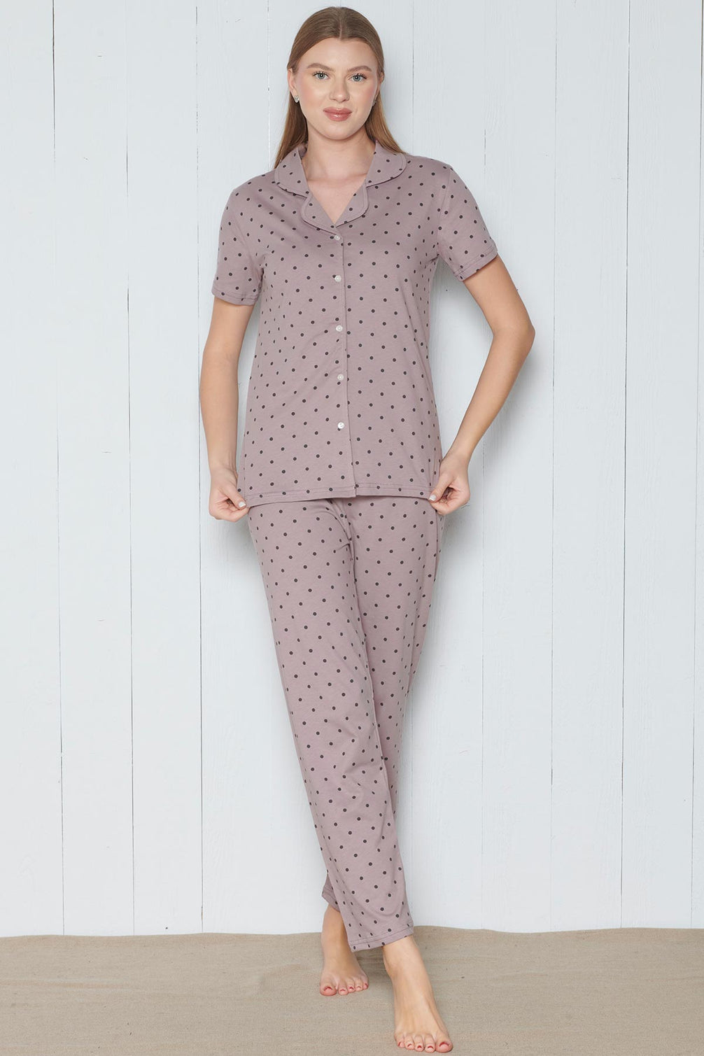 Pınarca Kadın Pijama Takımı Gömlek Yaka Kısa Kollu Nokta Desenli