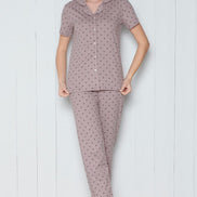 Pınarca Kadın Pijama Takımı Gömlek Yaka Kısa Kollu Nokta Desenli