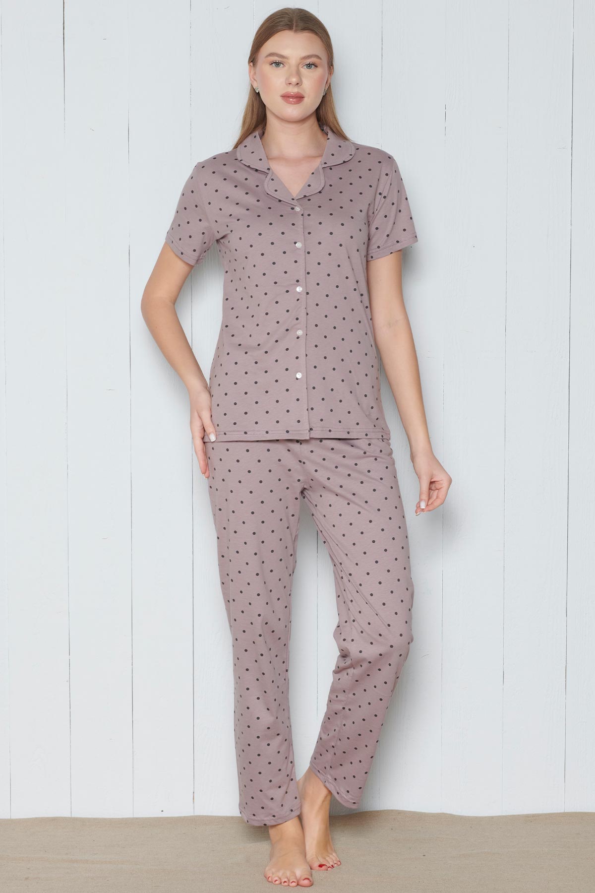 Pınarca Kadın Pijama Takımı Gömlek Yaka Kısa Kollu Nokta Desenli