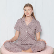 Pınarca Kadın Pijama Takımı Gömlek Yaka Kısa Kollu Nokta Desenli