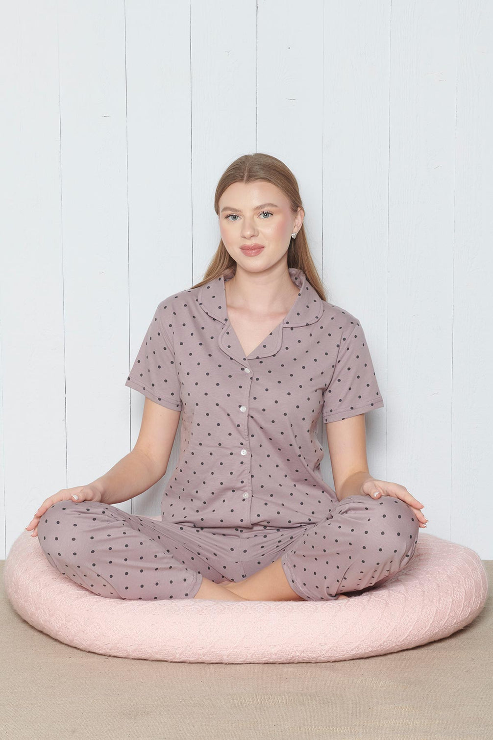 Pınarca Kadın Pijama Takımı Gömlek Yaka Kısa Kollu Nokta Desenli