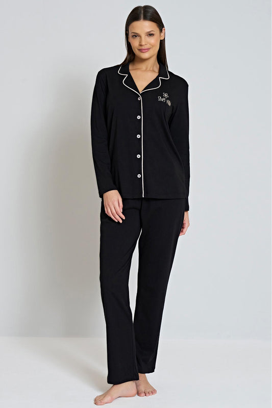 Pınarca Kadın Pijama Takımı Gömlek Yaka Uzun Kollu Büyük Beden