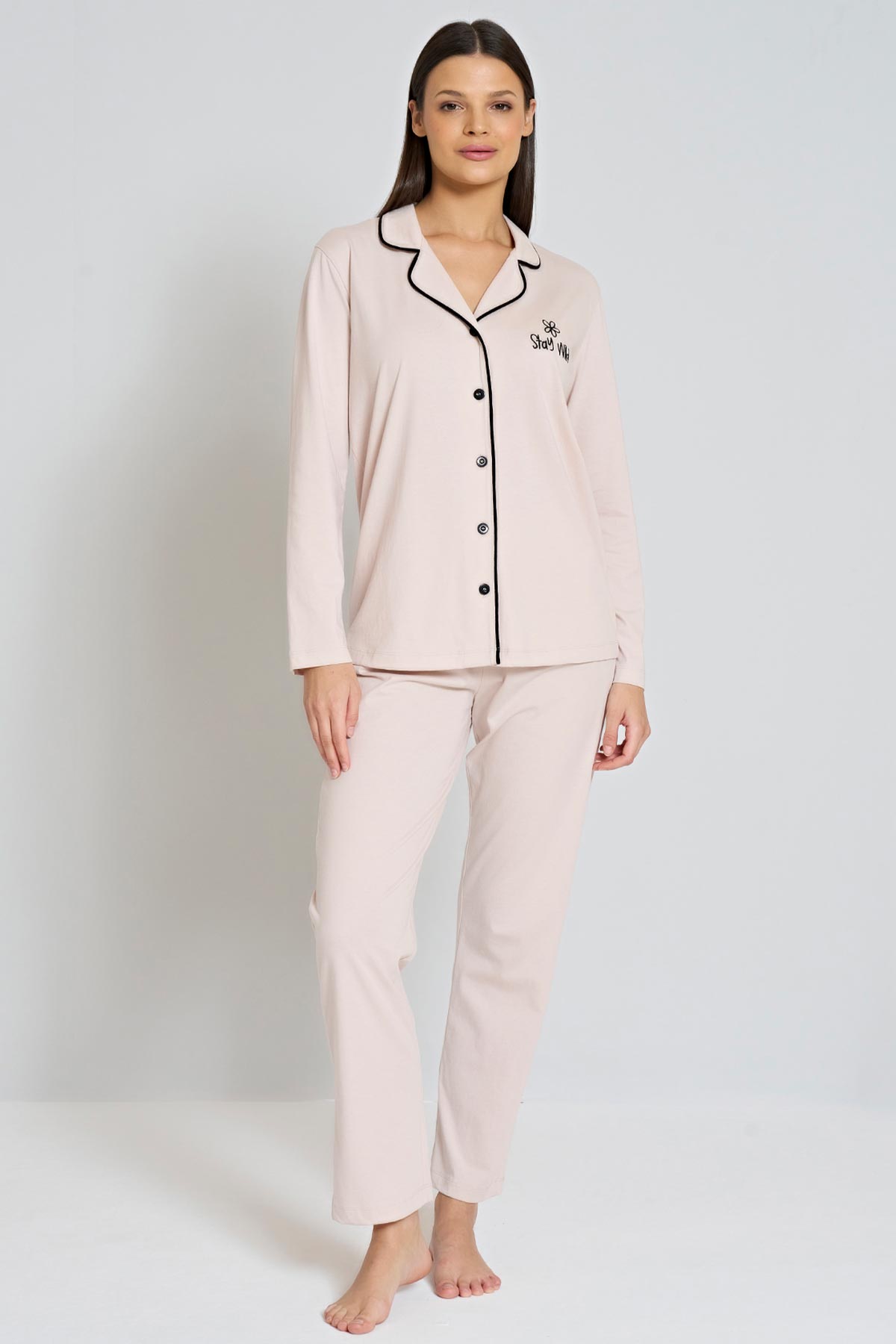 Pınarca Kadın Pijama Takımı Gömlek Yaka Uzun Kollu Büyük Beden