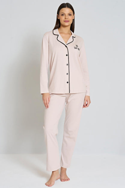 Pınarca Kadın Pijama Takımı Gömlek Yaka Uzun Kollu Büyük Beden