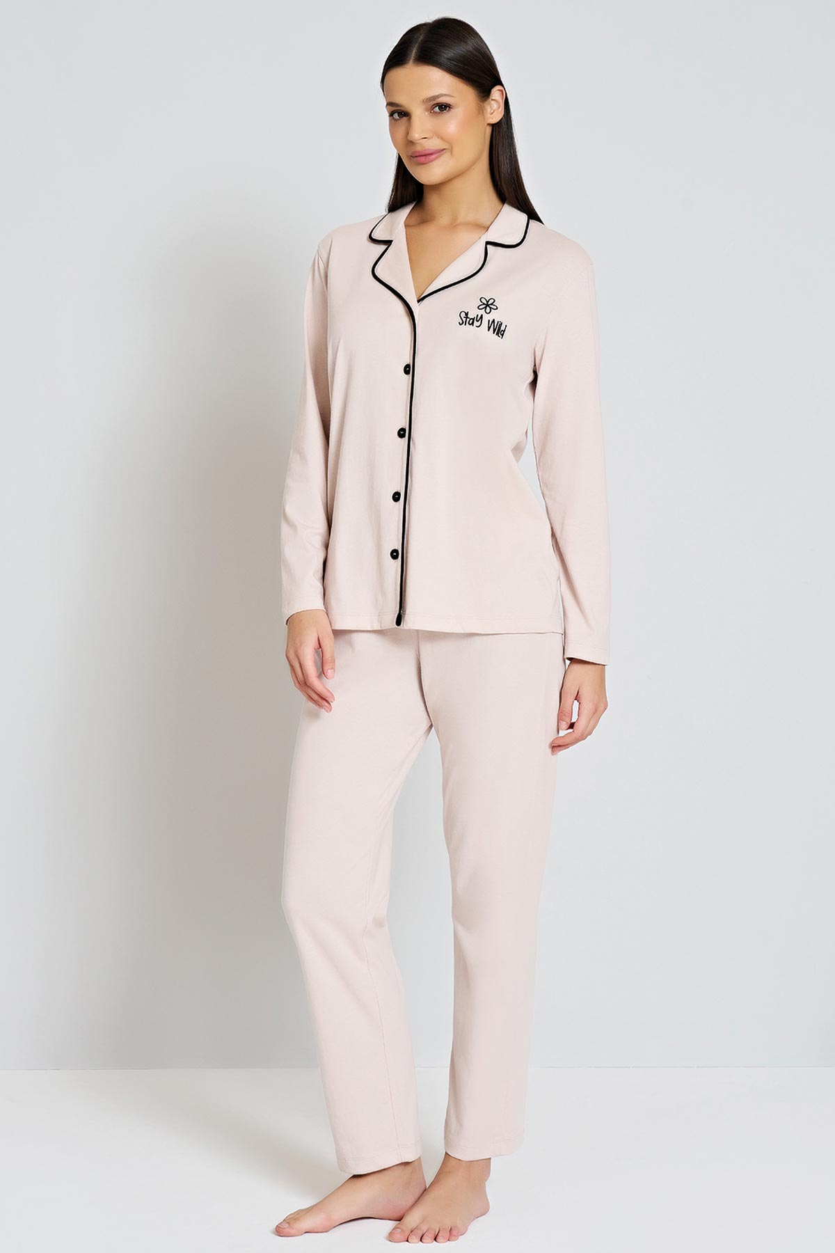 Pınarca Kadın Pijama Takımı Gömlek Yaka Uzun Kollu Büyük Beden