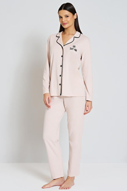 Pınarca Kadın Pijama Takımı Gömlek Yaka Uzun Kollu Büyük Beden