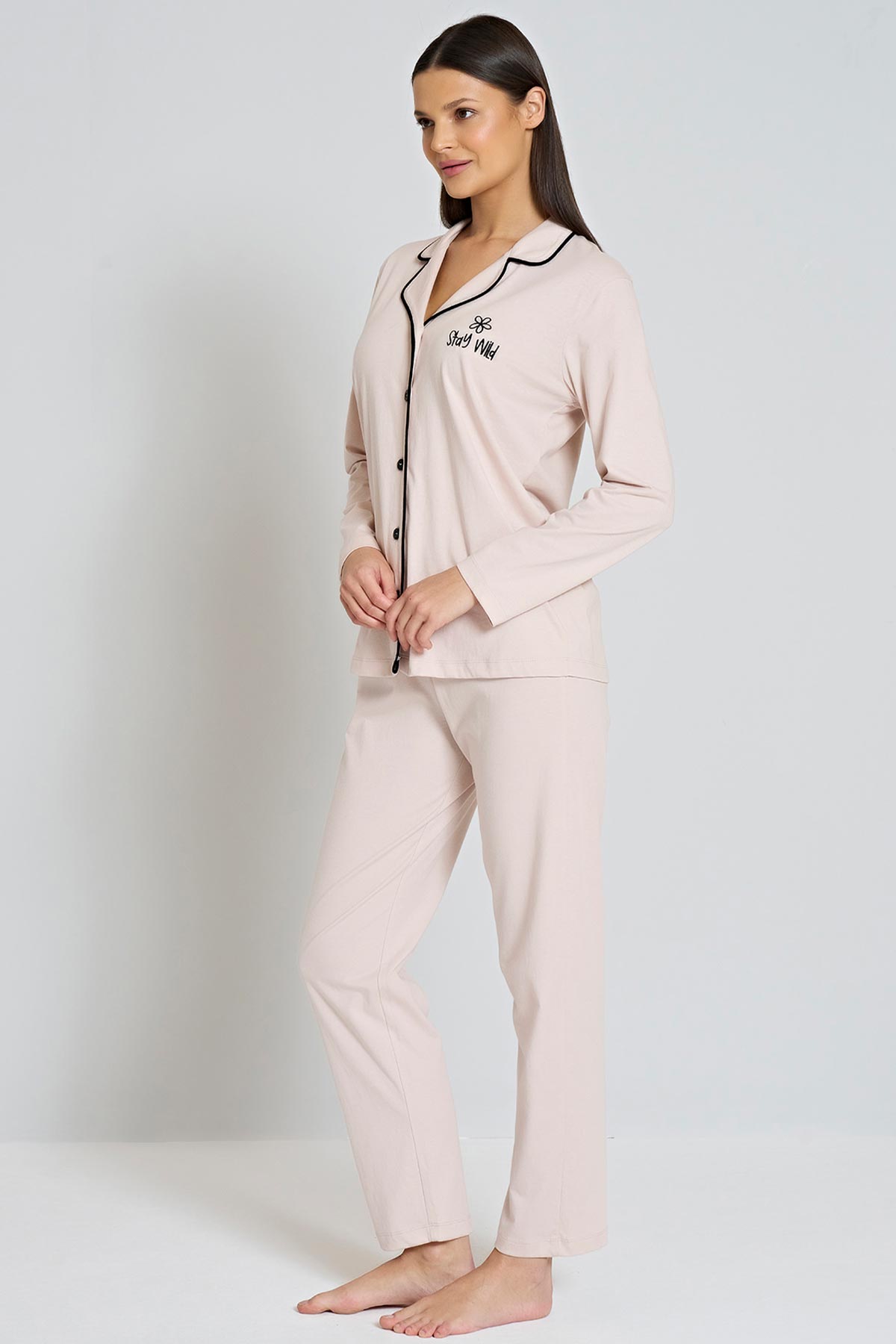 Pınarca Kadın Pijama Takımı Gömlek Yaka Uzun Kollu Büyük Beden