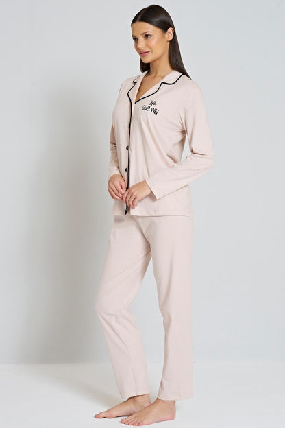 Pınarca Kadın Pijama Takımı Gömlek Yaka Uzun Kollu Büyük Beden
