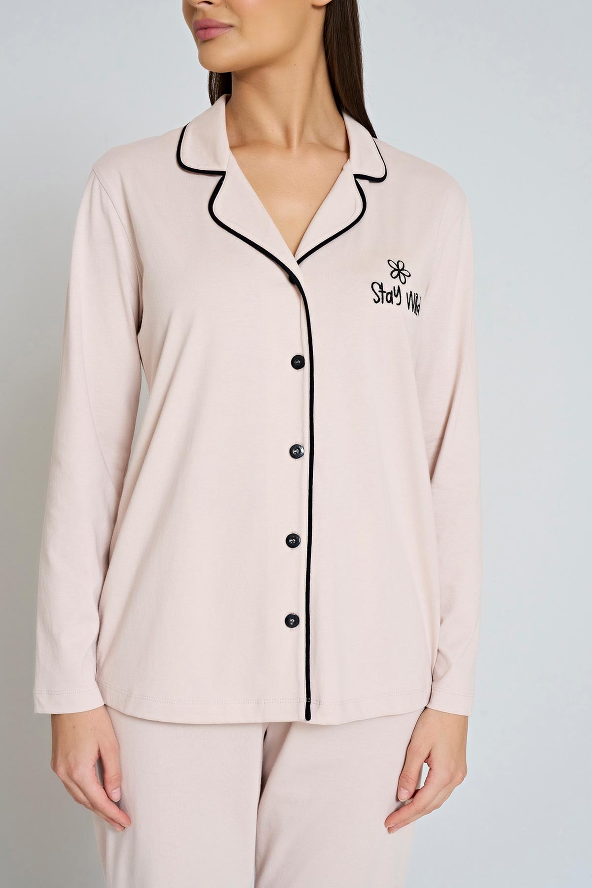 Pınarca Kadın Pijama Takımı Gömlek Yaka Uzun Kollu Büyük Beden