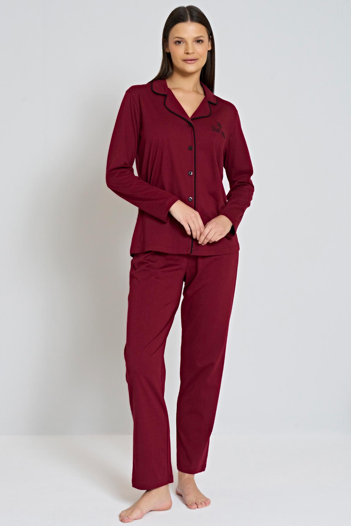 Pınarca Kadın Pijama Takımı Gömlek Yaka Uzun Kollu Büyük Beden